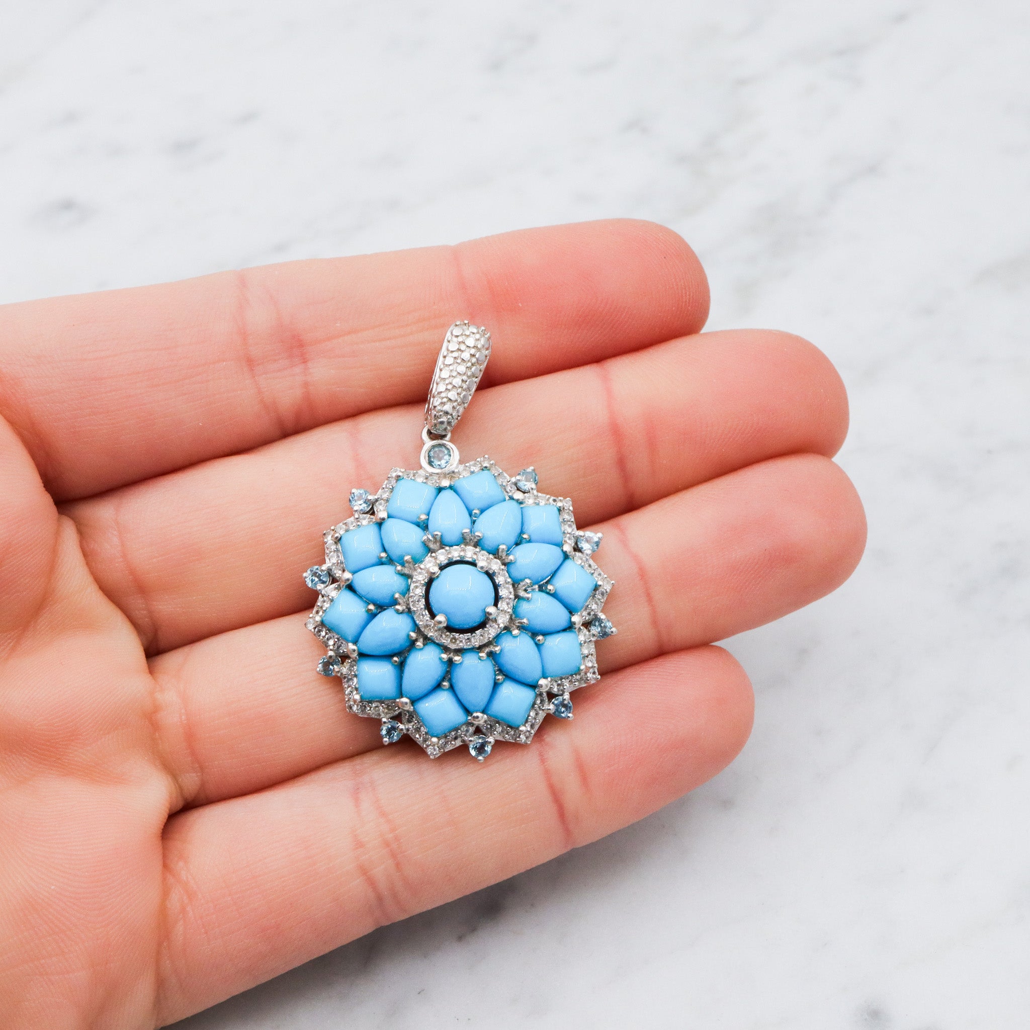 Vintage sterling silver turquoise, blue topaz, & zircon mandala pendant